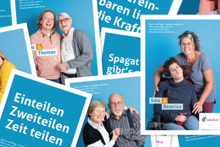 Übersichtsbild der Posterkampagne für Vereinbarkeit von Familie und Beruf. Es soll die verschiedenen Betreuungsfunktionen zeigen.